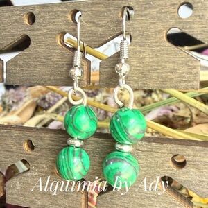 Malachite silver dangle minimalist colorful elegant earrings